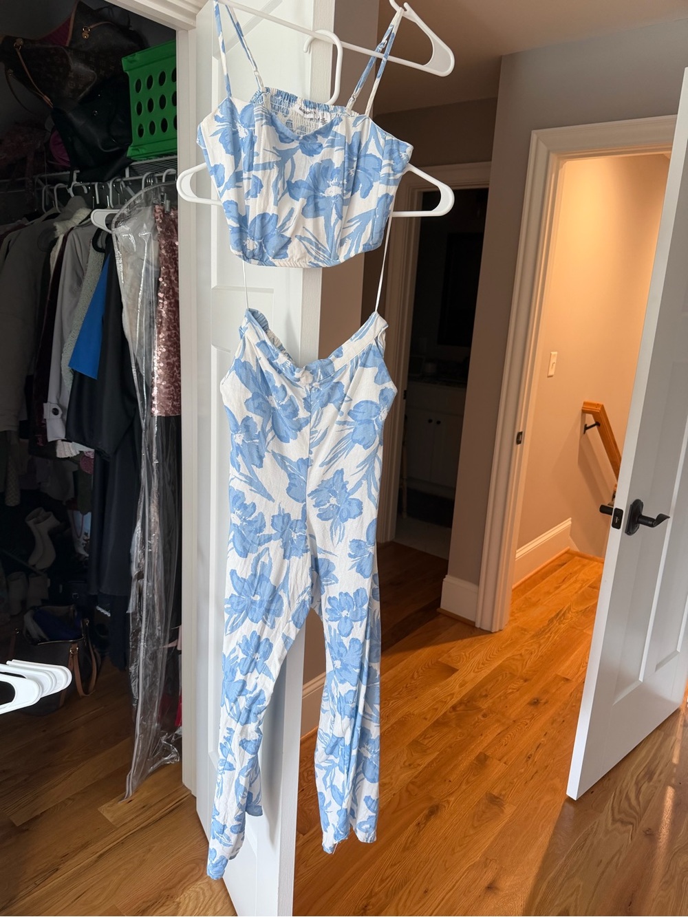 Blue & White Floral Spaghetti-Strap Jumpsuit with Crop Top